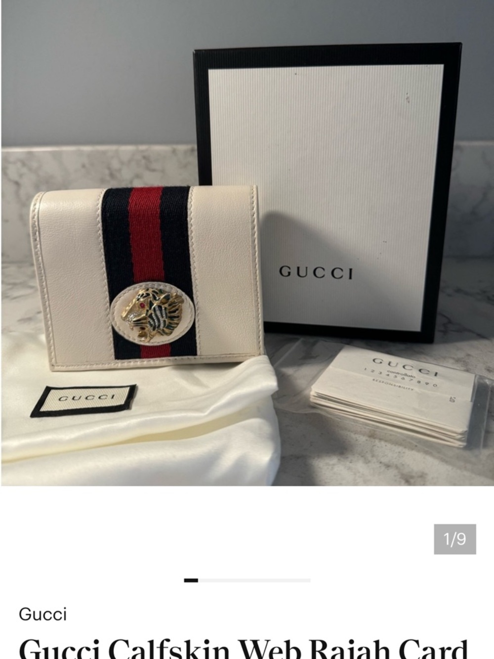 Gucci Gold, Green, Red Tiger Head Brooch on Web Stripe wallet